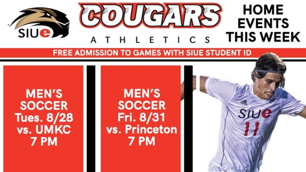 Men's Soccer Game Tuesday at 7pm. Men's Soccer Game Friday at 7pm. Free admission with SIUE Student ID.